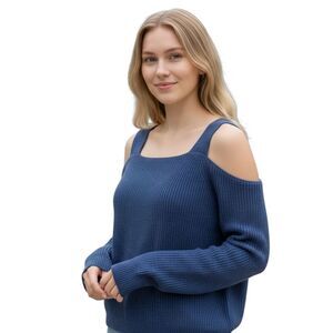 Cold Shoulder Sweater Women Small Blue Off the Shoulder Pullover Oversized Top
